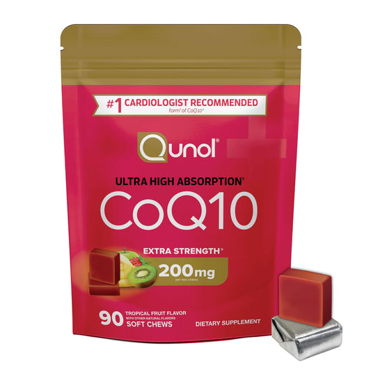 Qunol CoQ10 200mg soft chews bottle for convenient daily use.