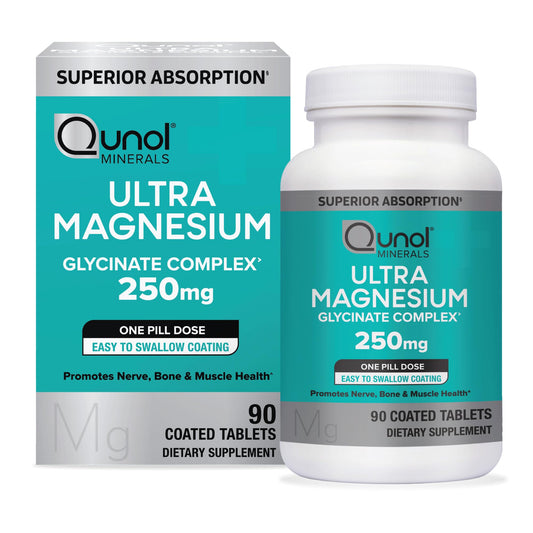 Qunol Magnesium Glycinate Complex bottle front view highlights high-absorption formula for daily support.