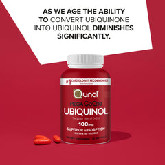 Qunol Mega Ubiquinol CoQ10 packaging highlighting packaging and two bottles