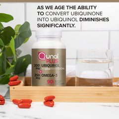 Qunol Plus Omega-3 softgels indicating essential fatty acids