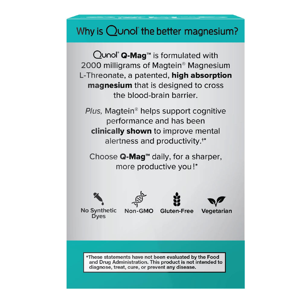 Qunol Q-Mag capsules closeup highlights easy-to-swallow tablets and high absorption.