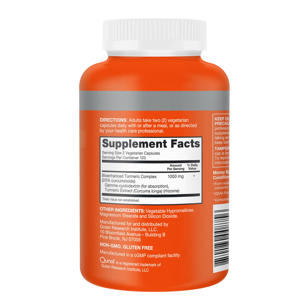 Qunol Turmeric label close-up highlighting 1000 mg bioenhanced turmeric complex.