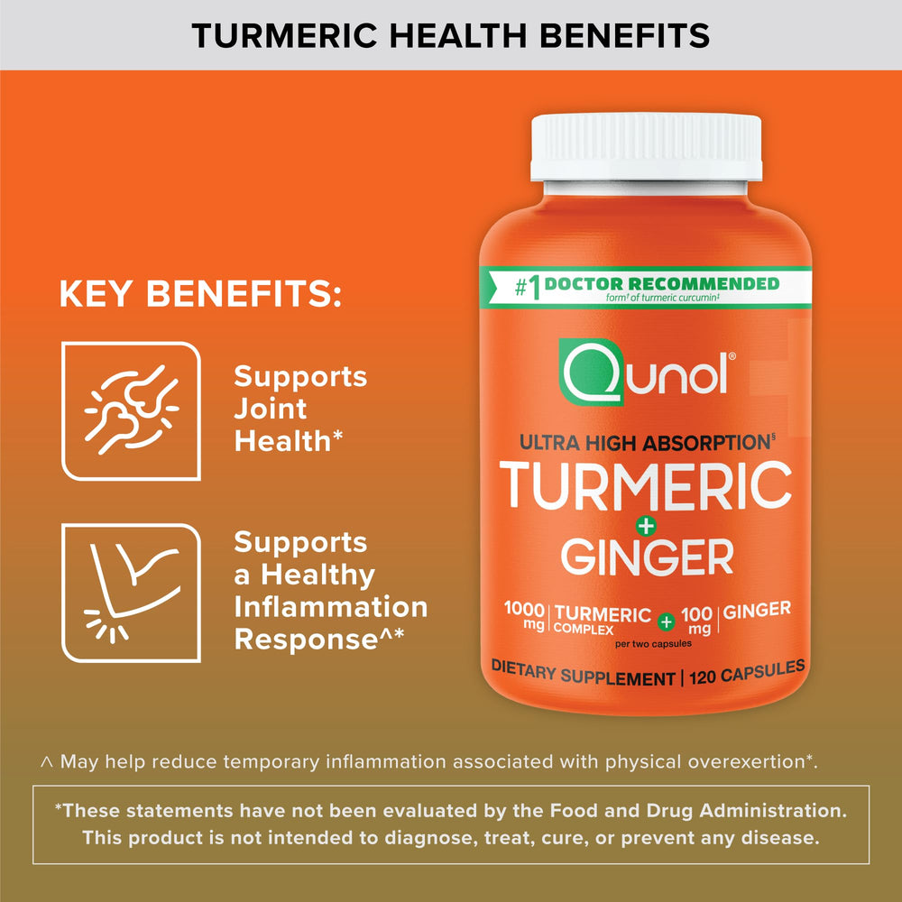 Qunol Turmeric & Ginger capsules being poured from bottle for easy daily use.