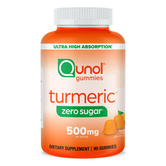 Qunol Turmeric Gummies jar shows tangy tangerine flavor for daily joint support.