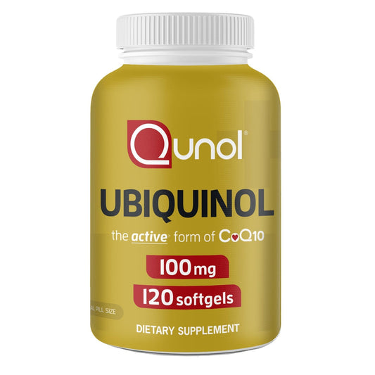 Qunol Ubiquinol 100mg bottle shown for daily heart and energy support.