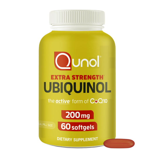 Qunol Ubiquinol 200mg bottle front view showing easy-to-swallow capsules for daily energy support