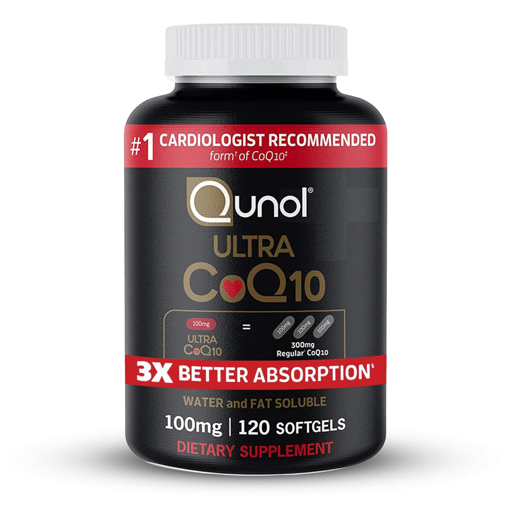Qunol Ultra CoQ10 softgel bottle highlights 3x better absorption for heart health.