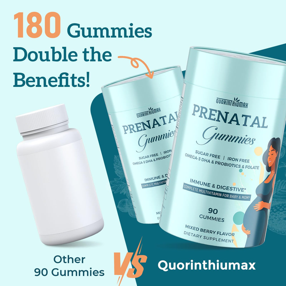 Quorinthiumax Prenatal Gummies travel pack for on-the-go nourishment.