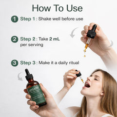 QUZOYU Josaine ThyroidSupport Drops product shot with glass of water.