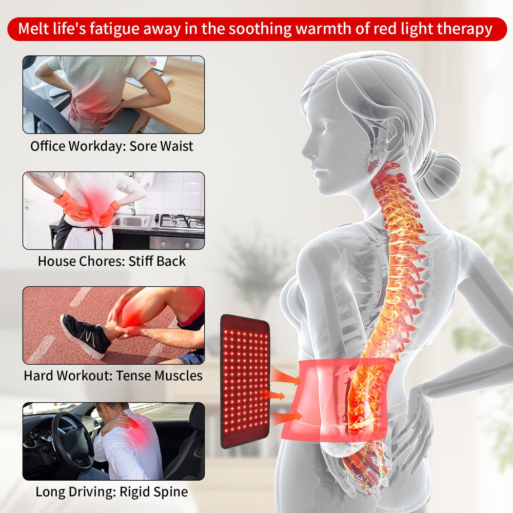 Qworaky red-light therapy belt back view delivers targeted warmth for post‑activity comfort.