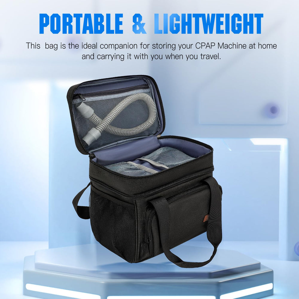 RackVibe CPAP Travel Bag in use on shelf demonstrates compact, travel-ready design.
