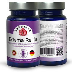RaDoTech Edema Relife bottle label presents ingredients and usage guidance.