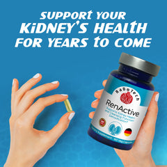 RaDoTech RenActive kidney detox capsules being poured from bottle for easy daily use