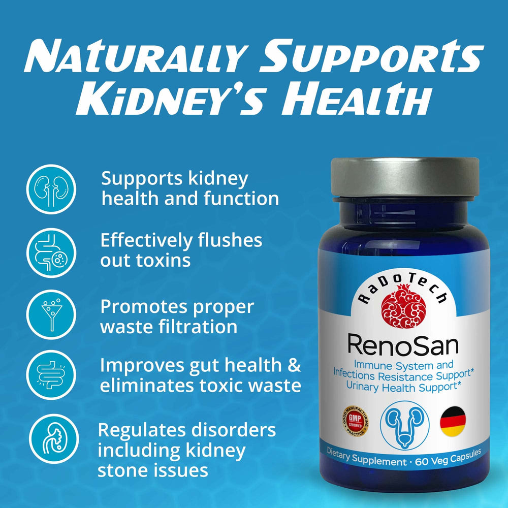 RaDoTech RenoSan bottle held for on-the-go urinary health support.