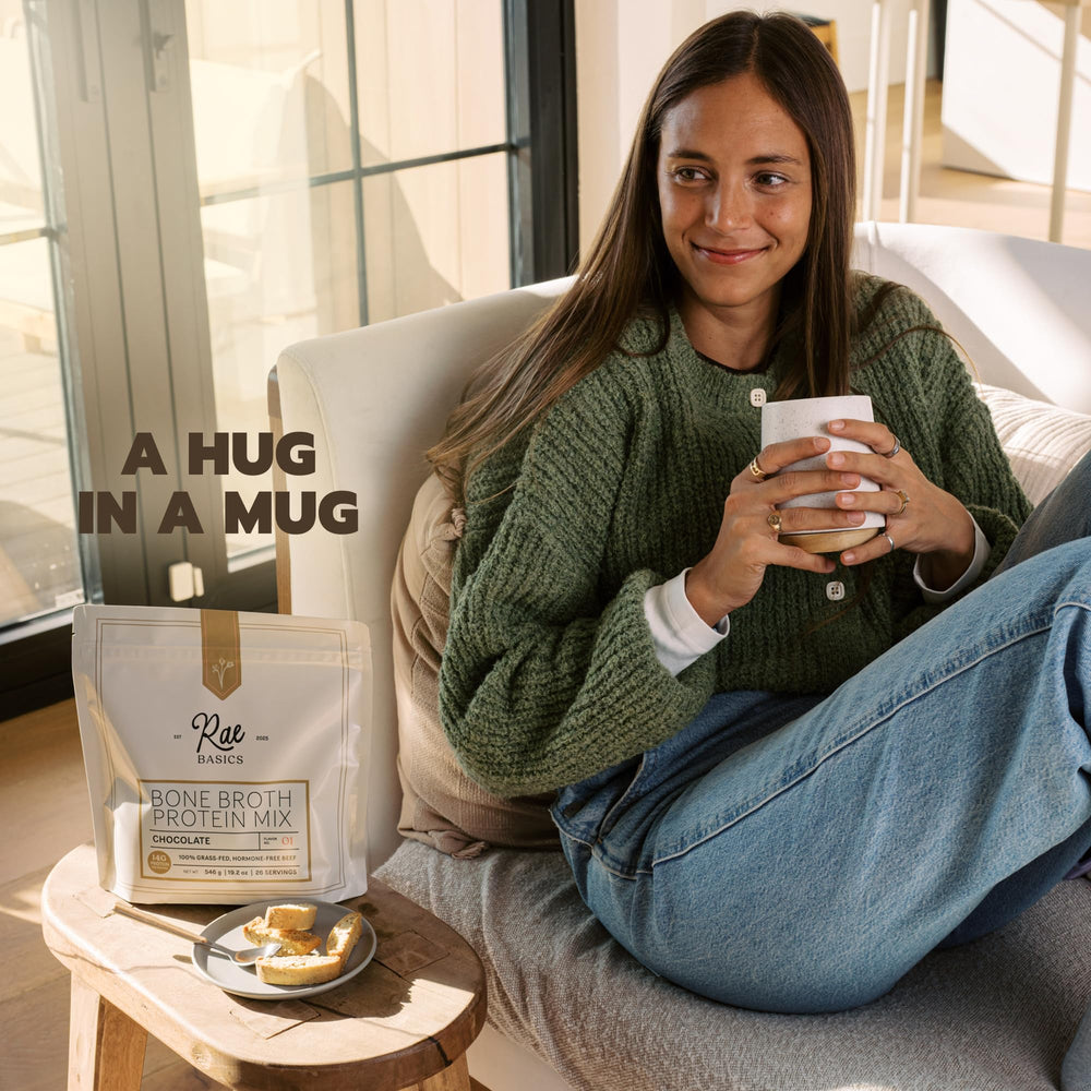 Rae Basics bone broth protein chocolate organic coconut milk as a creamy base