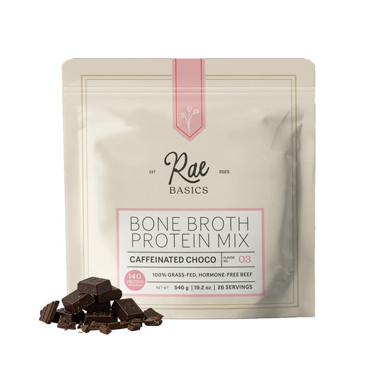Rae Basics Bone Broth Protein Powder bottle with caffeinated chocolate flavor for quick energy