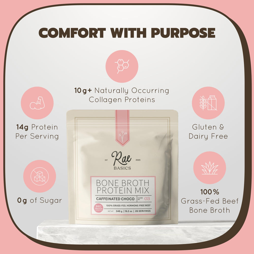 Rae Basics Bone Broth Protein Powder cup steaming for a creamy morning boost