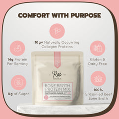 Rae Basics Bone Broth Protein Powder cup steaming for a creamy morning boost