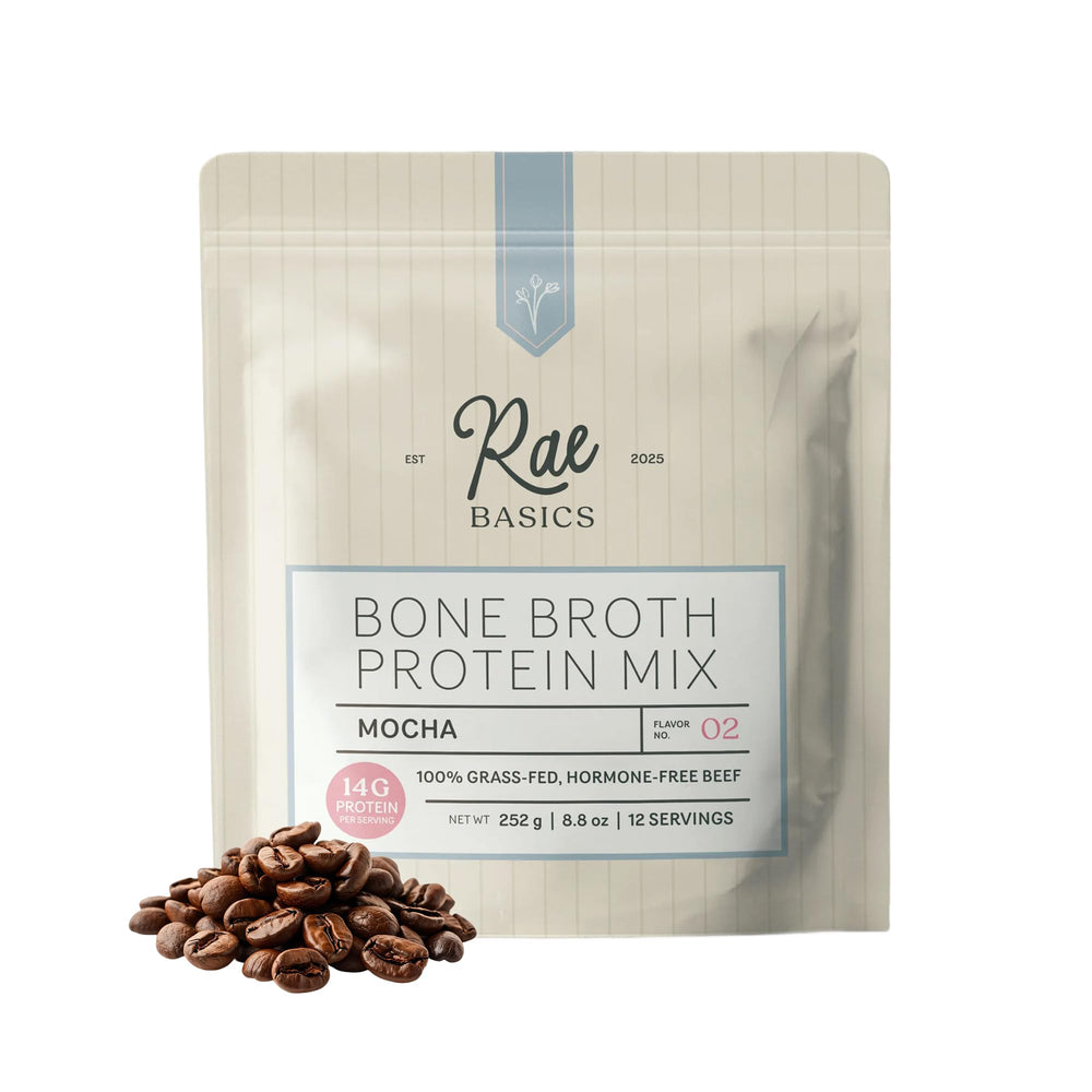 Rae Basics mocha bone broth protein cup shows a creamy coffee-flavored start to your day.