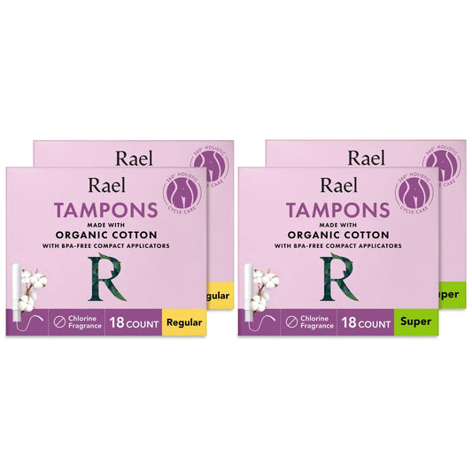 Rael tampons with compact BPA-free applicator in sustainable packaging for on-the-go use
