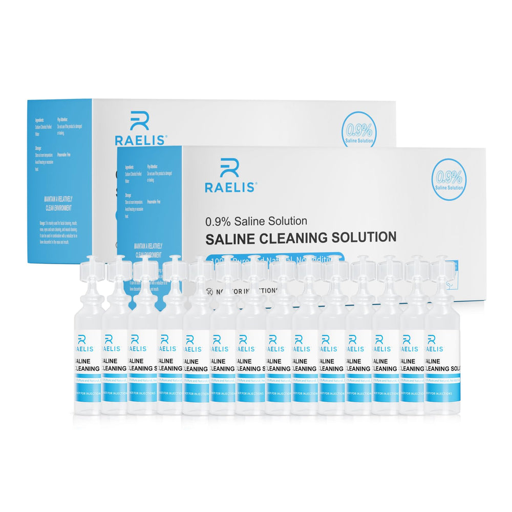 RAELIS saline solution bottle front view showing 600ml bulk pack for family use