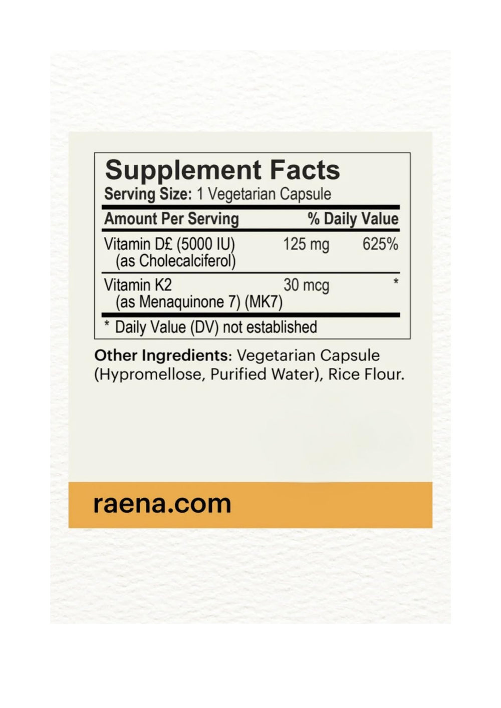 Raena bottle with D3 and K2 label highlighting purity