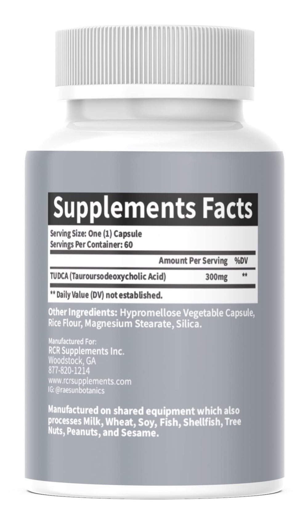 RaeSun Botanics TUDCA label highlights GMP quality and third-party testing