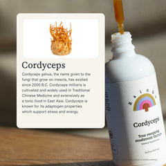 Close-up of Rainbo Cordyceps tincture label highlights vegan, non-GMO credentials.