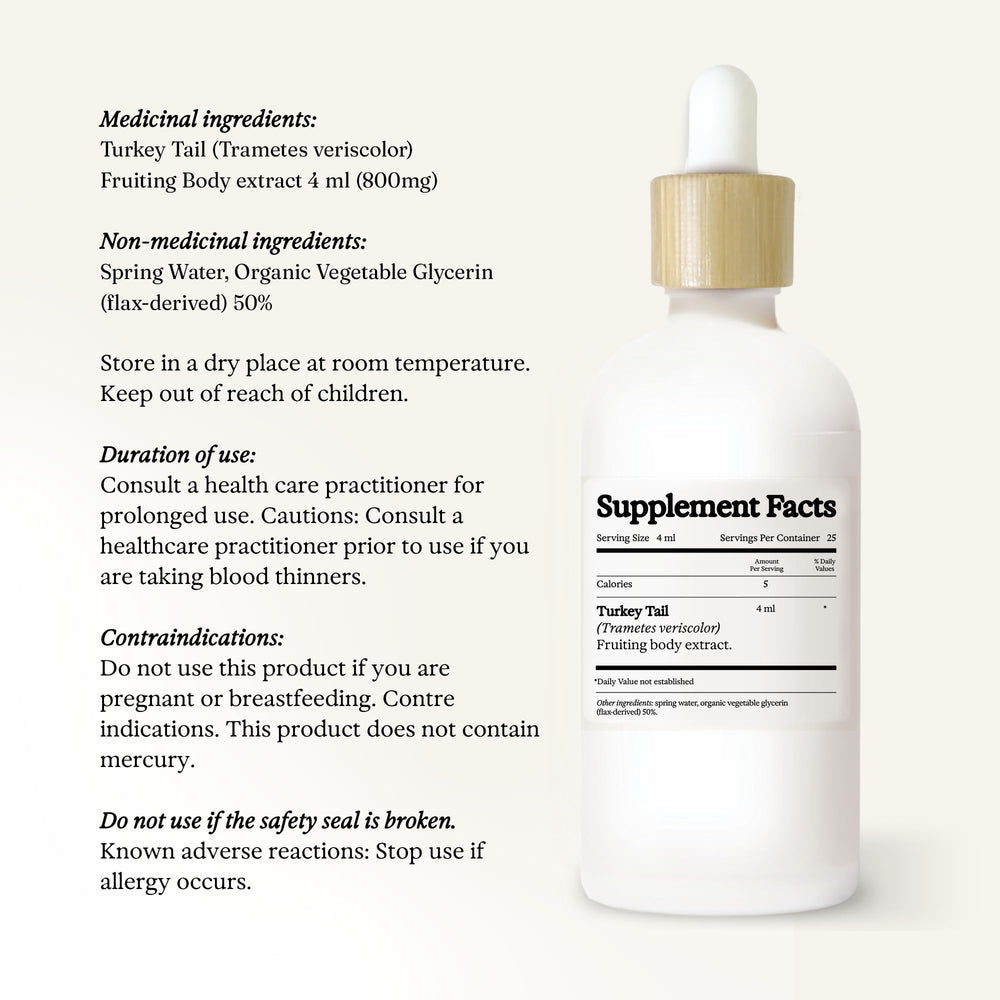 Eco-friendly packaging for Rainbo Turkey Tail tincture signaling responsible packaging.
