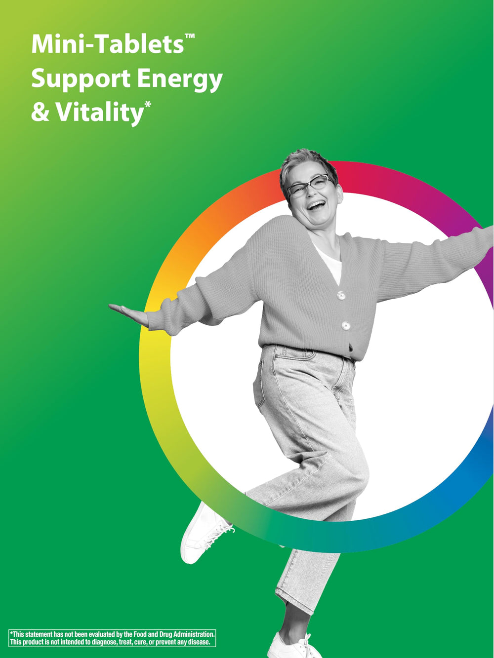 Rainbow Light 50+ mini-tablet label ingredients highlights CoQ10, lutein, lycopene for immune and eye support.