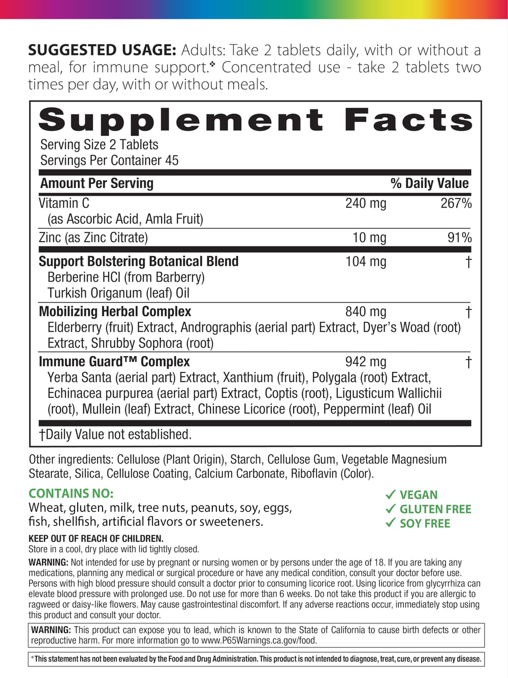 Rainbow Light Counter Attack label close-up highlighting vegan and gluten-free attributes.