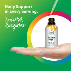 Rainbow Light D3 + K2 drops label emphasizes vegetarian, gluten-free formula.