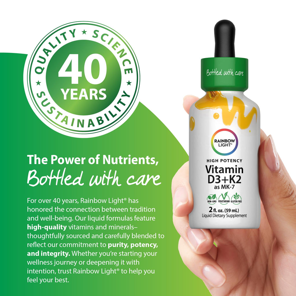 Rainbow Light vitamin D3 + K2 drops serving 1 mL with 30-second hold.
