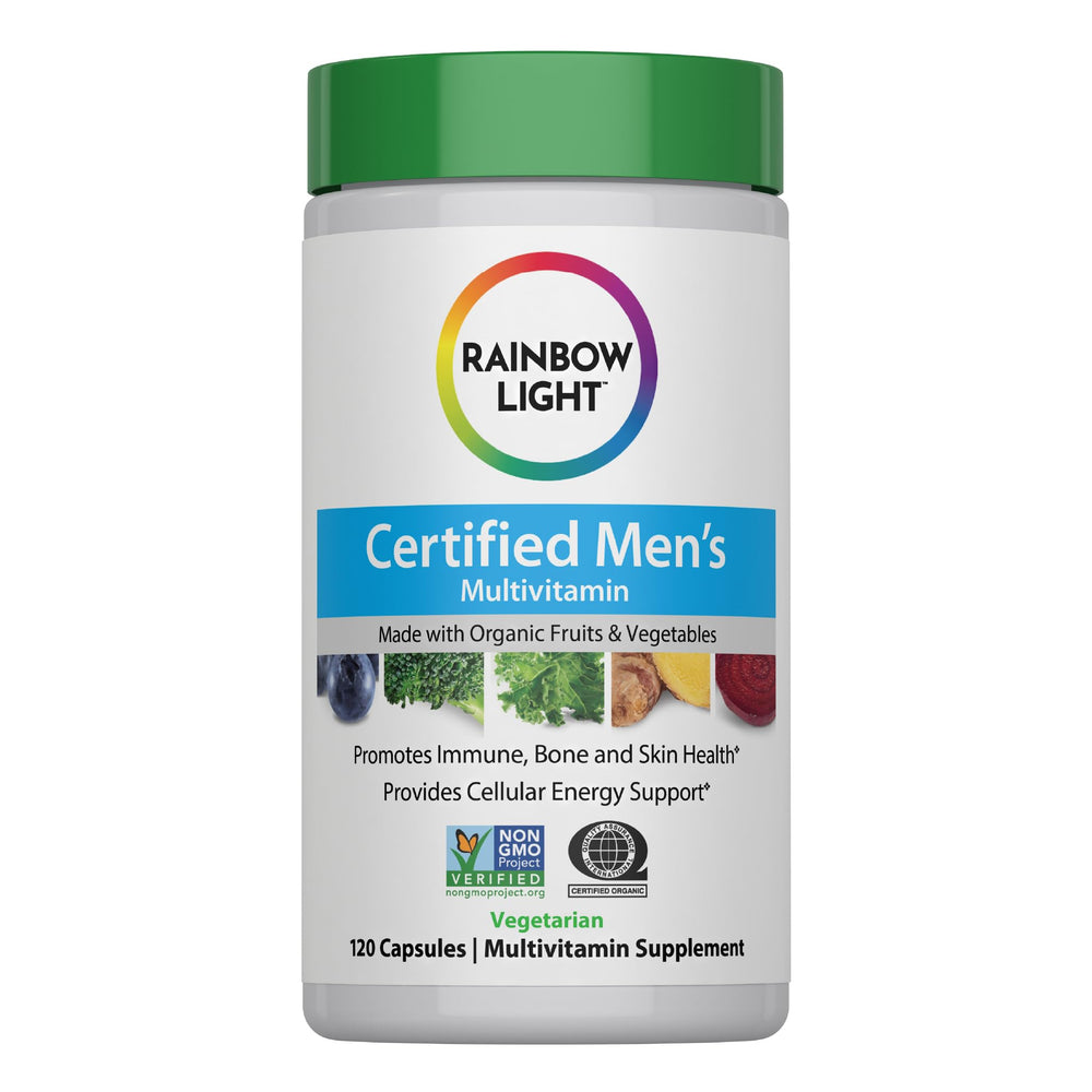 Rainbow Light men's multivitamin bottle label with essential nutrients for daily wellness.