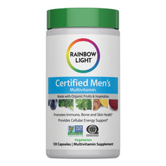 Rainbow Light men's multivitamin bottle label with essential nutrients for daily wellness.