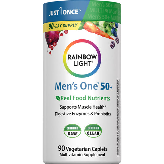 Rainbow Light Mens One 50+ bottle image highlighting high potency nutrients for daily support.
