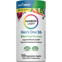 Rainbow Light Men's One 50+ bottle for daily immune support and energy.