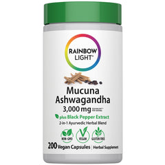 Rainbow Light Mucuna Ashwagandha bottle with vegan capsules for daily balance.