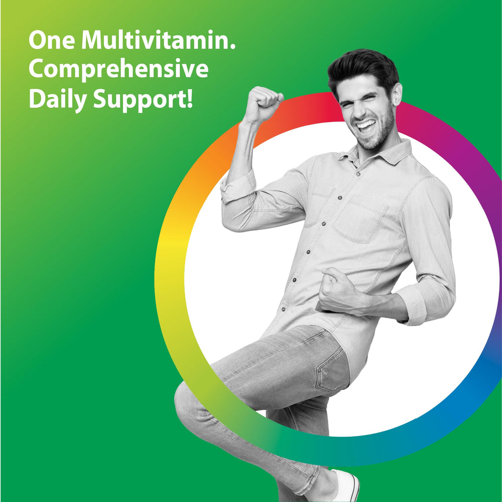Rainbow Light multivitamin with D3, zinc, and probiotics visual emphasizing immune support.