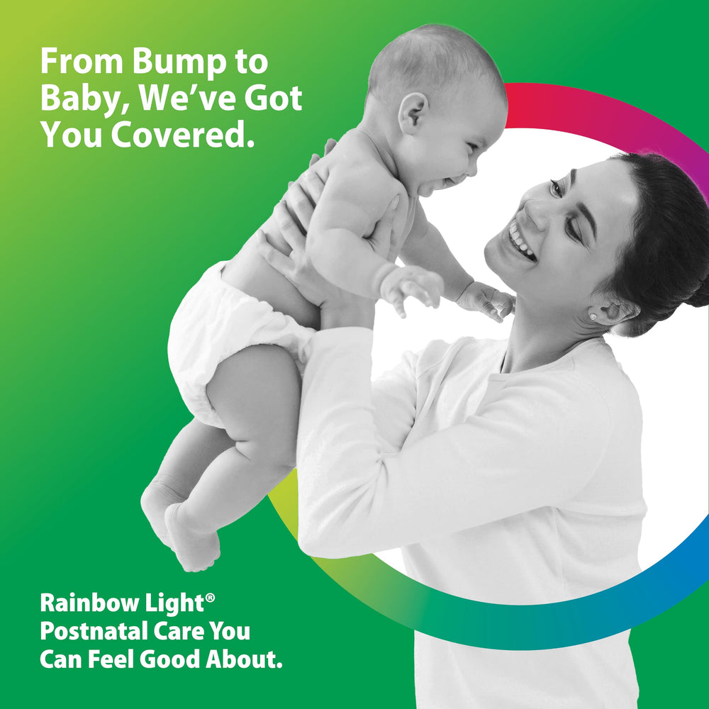 Rainbow Light Postnatal Multivitamin packaging label clearly presents nutrition blend.