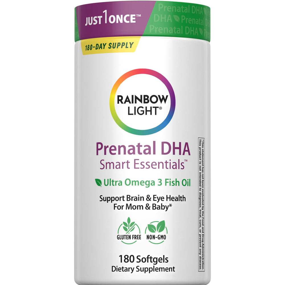 Rainbow Light Prenatal DHA softgel bottle with orange flavor for easy daily intake.
