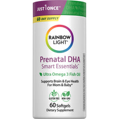 Rainbow Light Prenatal DHA softgels bottle, easy-to-digest omega-3 for mom and baby
