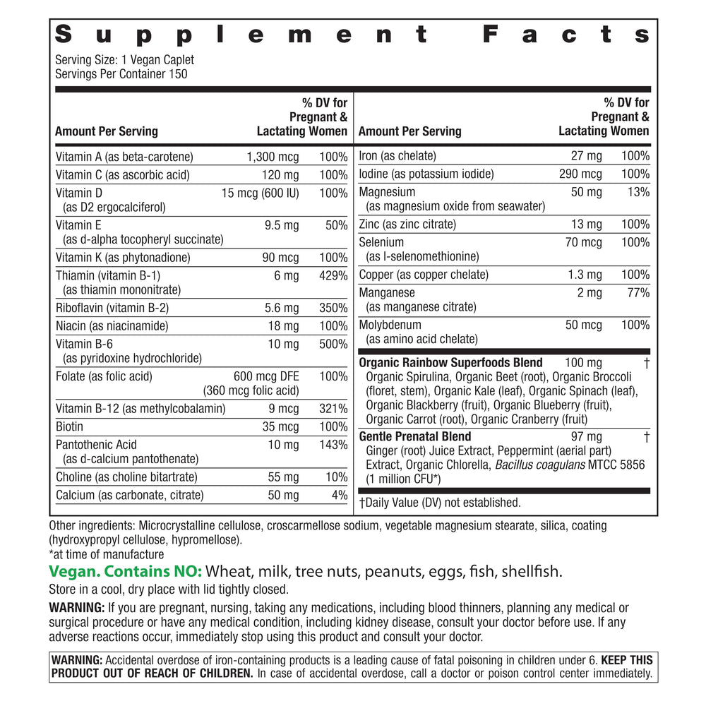 Rainbow Light Prenatal One label close-up highlighting folate and nutrients.