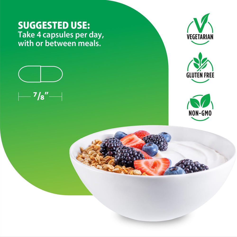 Vegetarian capsules indicating plant-based, easy-to-swallow daily supplement.