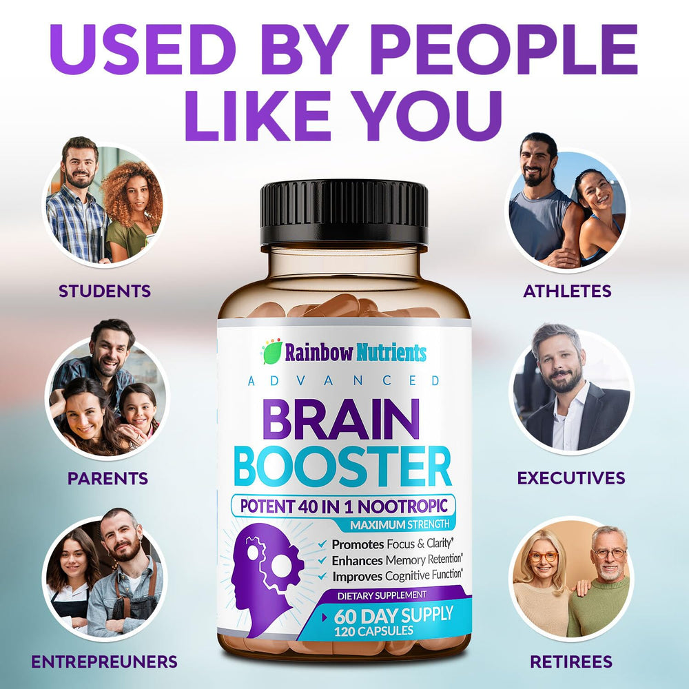 Rainbow Nutrients 40-in-1 Brain Booster ingredients panel reveals natural brain-boosting compounds.