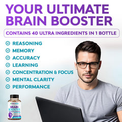 Rainbow Nutrients 40-in-1 Brain Booster label closeup highlights premium ingredients for cognitive support.