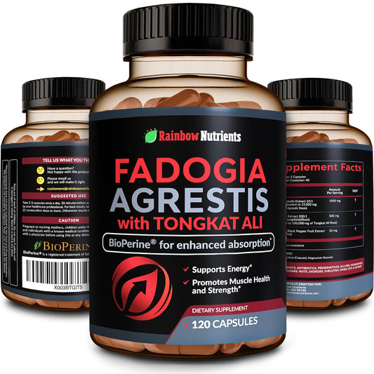 Rainbow Nutrients fadogia-tongkat blend bottle for stamina support during workouts.