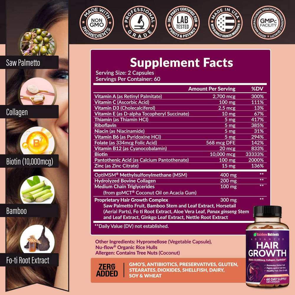 Rainbow Nutrients Hair Growth capsules close-up highlighting Biotin 10,000 mcg benefits.