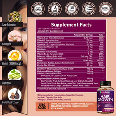 Rainbow Nutrients Hair Growth capsules close-up highlighting Biotin 10,000 mcg benefits.