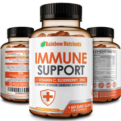 Rainbow Nutrients 10-in-1 bottle on the counter for daily immune support